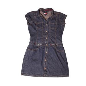 Tommy Girl Denim Shirt Dress w/POCKETS Y2K Retro Casual Utility Button-Up Large